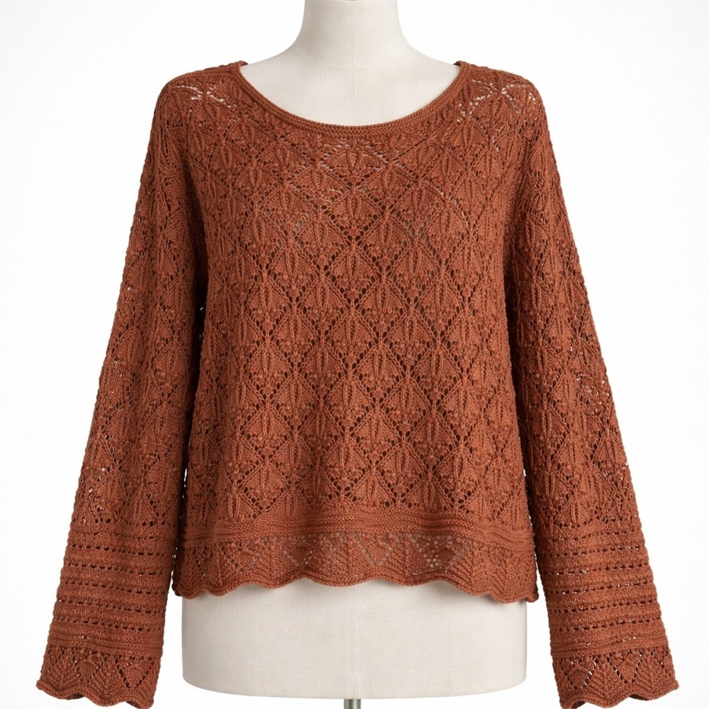 Zara Y2K Fairy Grunge‎ Pointelle Oversized Sweater Size S Brown Scalloped Knit